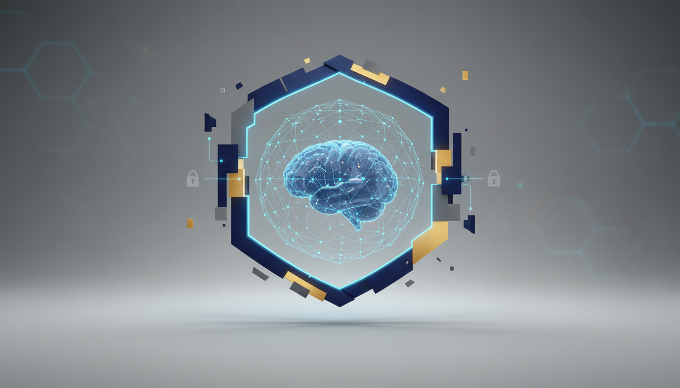 Hero: Secure digital visualization of AI data processing layers shielded by hardware attestation modules on a blockchain network, featuring glowing confidential computing nodes and Intel Trust Authority integration symbols