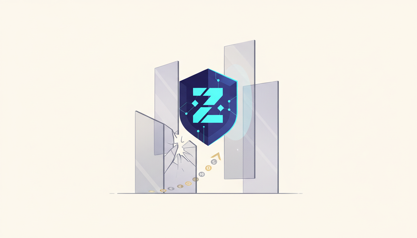 Hero: A digital illustration of the Zcash logo breaking through regulatory barriers with blockchain nodes and policy documents in the background