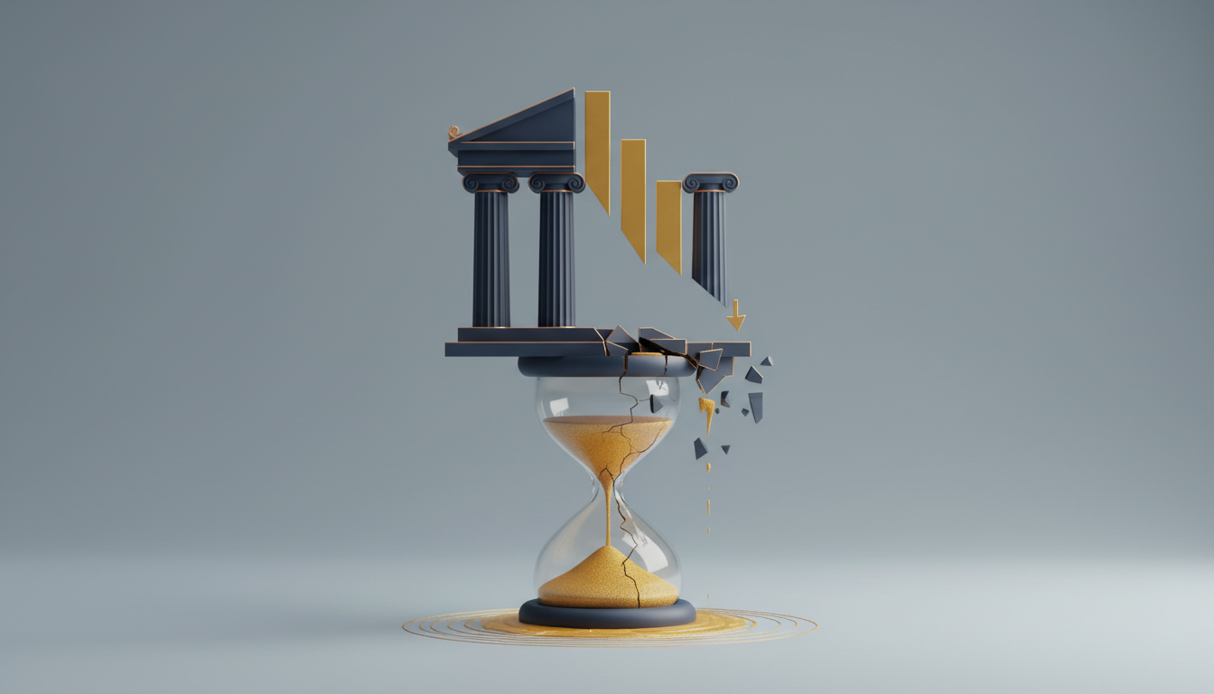 Hero: Digital illustration of upward-trending Treasury bond yield charts overlaid on a downward consumer sentiment gauge, set against a moody financial trading floor with red downward arrows