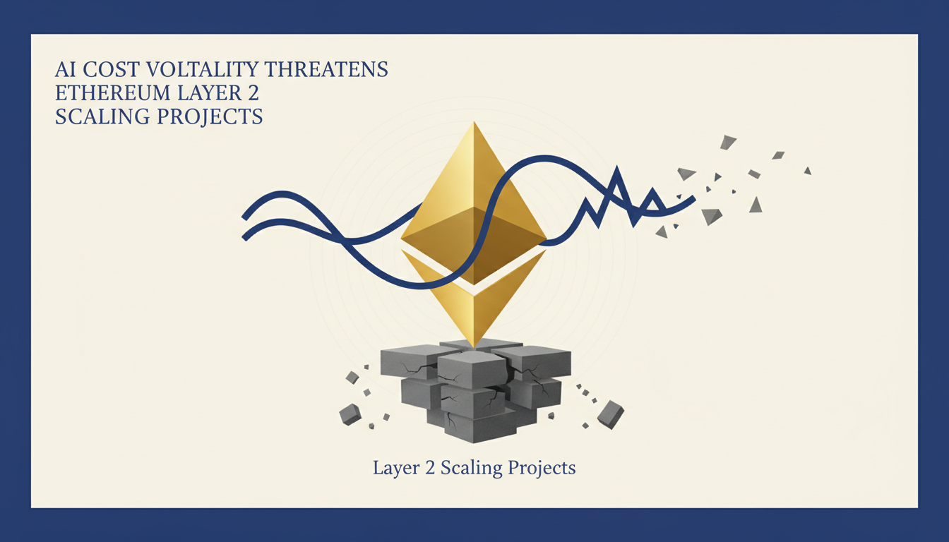 Hero: A digital illustration showing Ethereum blockchain layers with AI token price spikes and budget charts disrupting scaling infrastructure on a dark tech background