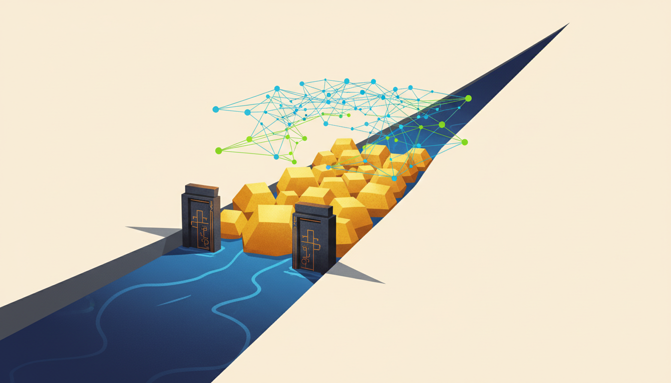 Hero: Geopolitical illustration of the Strait of Hormuz with Bitcoin symbols on shipping lanes connected to layered blockchain networks under tension