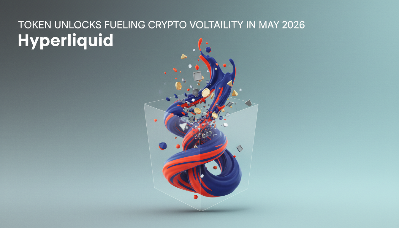 Hero: A digital illustration of cryptocurrency tokens flowing from locked vaults into open market charts, showing supply pressure waves in red and green amid May 2026 calendar dates
