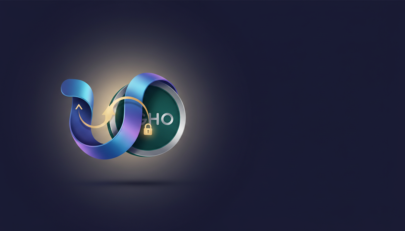 Hero: Digital illustration of Ethereum blockchain networks with flowing liquidity pools powered by UniswapX Dutch auctions and collateral-backed GHO stablecoin minting across connected nodes