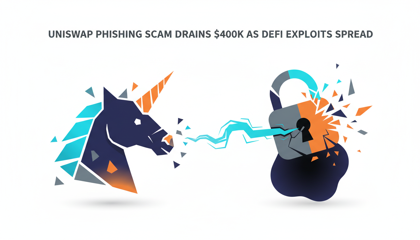 Hero: A digital illustration of a deceptive Google search results page showing a fake Uniswap ad at the top, with warning icons and blockchain wallet icons being drained in the background