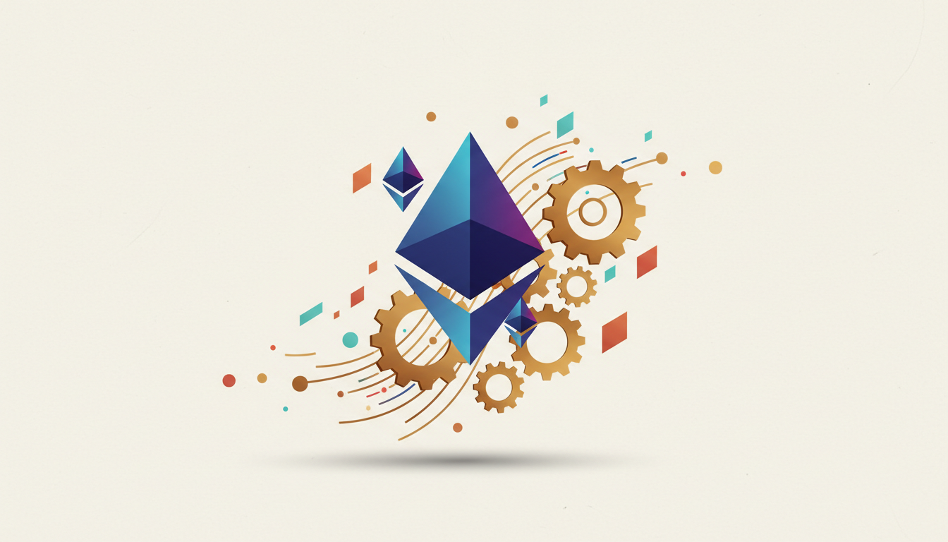 Hero: A digital marketplace visualization showing tokenized stock certificates flowing into Ethereum blockchain nodes, with institutional investors and DeFi protocols interacting on a glowing network grid, emphasizing growth and adoption in 2026