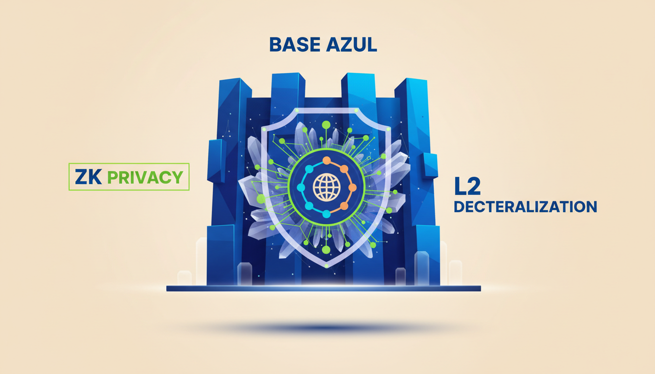 Hero: A futuristic digital illustration of Ethereum Layer 2 networks with glowing zero-knowledge proof nodes enhancing privacy shields around a central Base blockchain hub, data streams flowing securely amid global finance icons