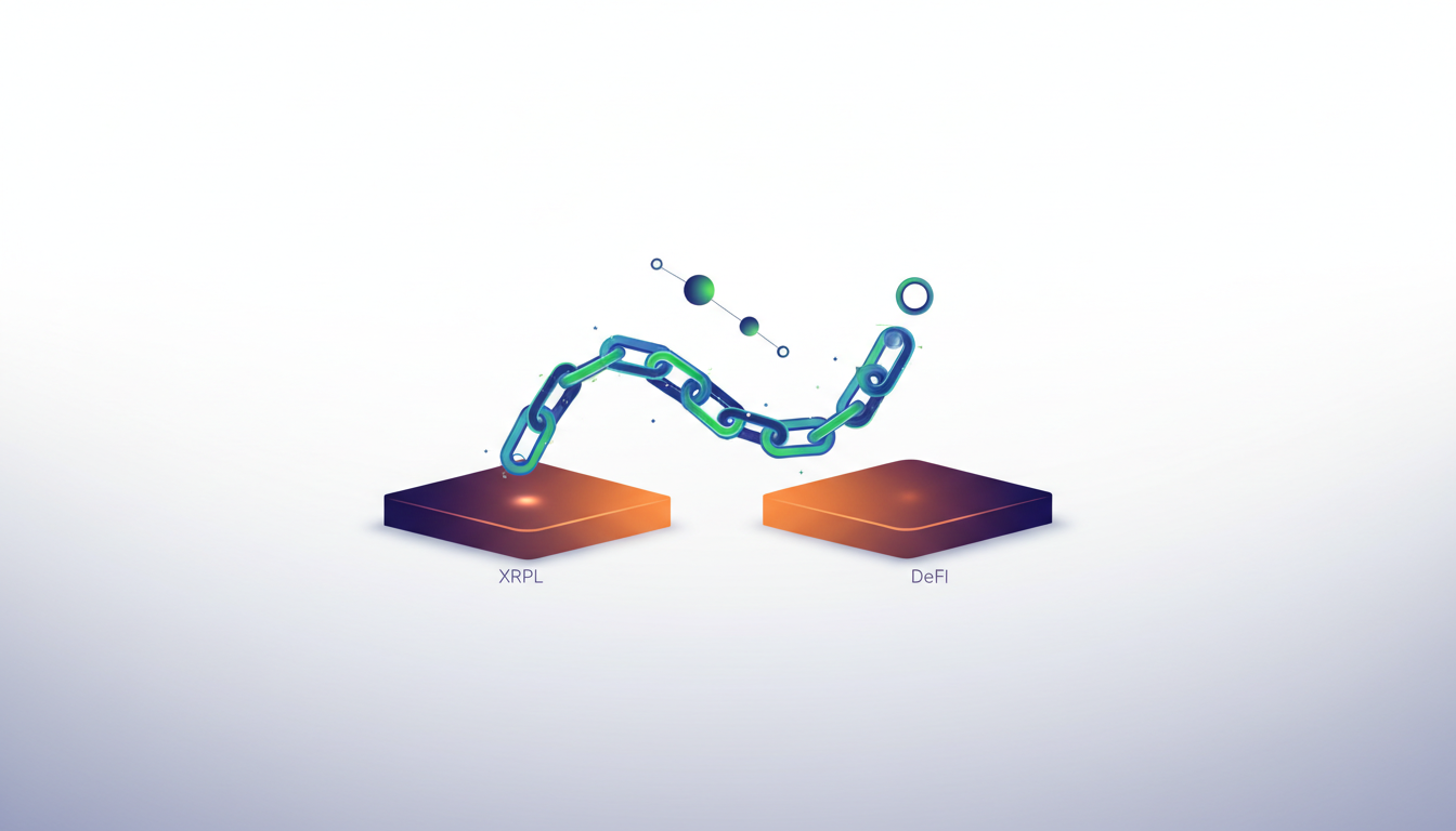Hero: Conceptual illustration of XRP Ledger blockchain network with interconnected AMM liquidity pools, multiple pricing curves visualized as flexible paths flowing between digital asset icons, emphasizing improved capital efficiency in a decentralized finance setting
