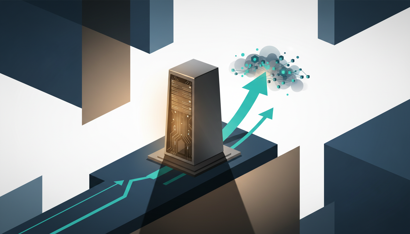 Hero: A dynamic financial chart showing Dell stock surging upward with AI server icons and data center visuals in the background