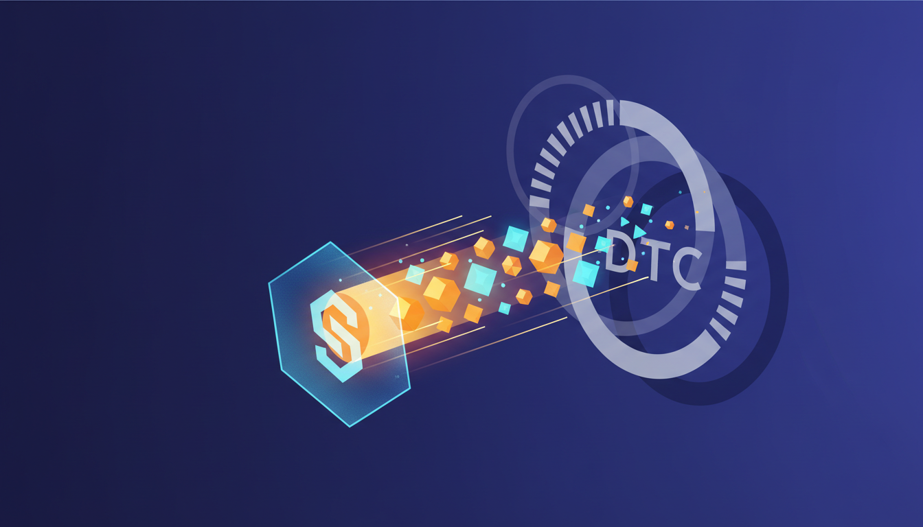 Hero: A visualization of traditional finance institutions linking to the Stellar blockchain, with streams of tokenized stocks, ETFs, and Treasuries moving across a public ledger network