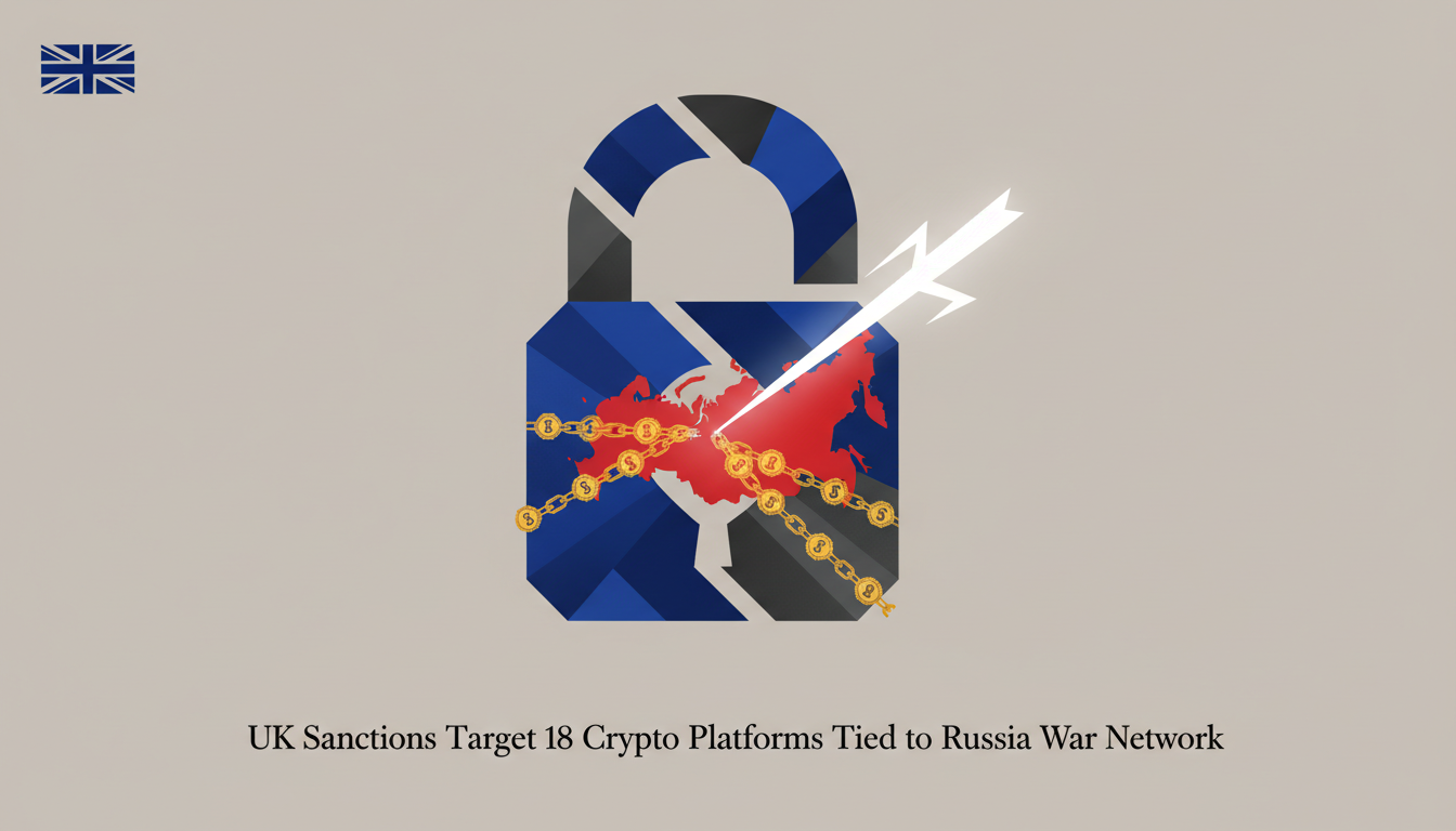 Hero: UK government officials at a podium announcing crypto sanctions linked to Russia, with digital blockchain graphics and flags in the background