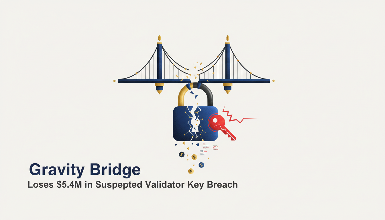 Hero: A digital visualization of blockchain bridges connecting Ethereum and Cosmos networks with data flowing between them, highlighting a security breach point