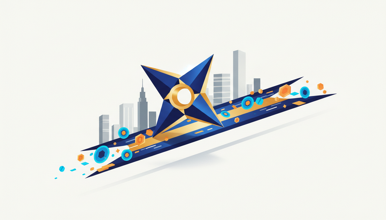 Hero: A digital illustration of Wall Street skyscrapers linked to a glowing Stellar blockchain network, with tokenized securities and data streams flowing across the connection