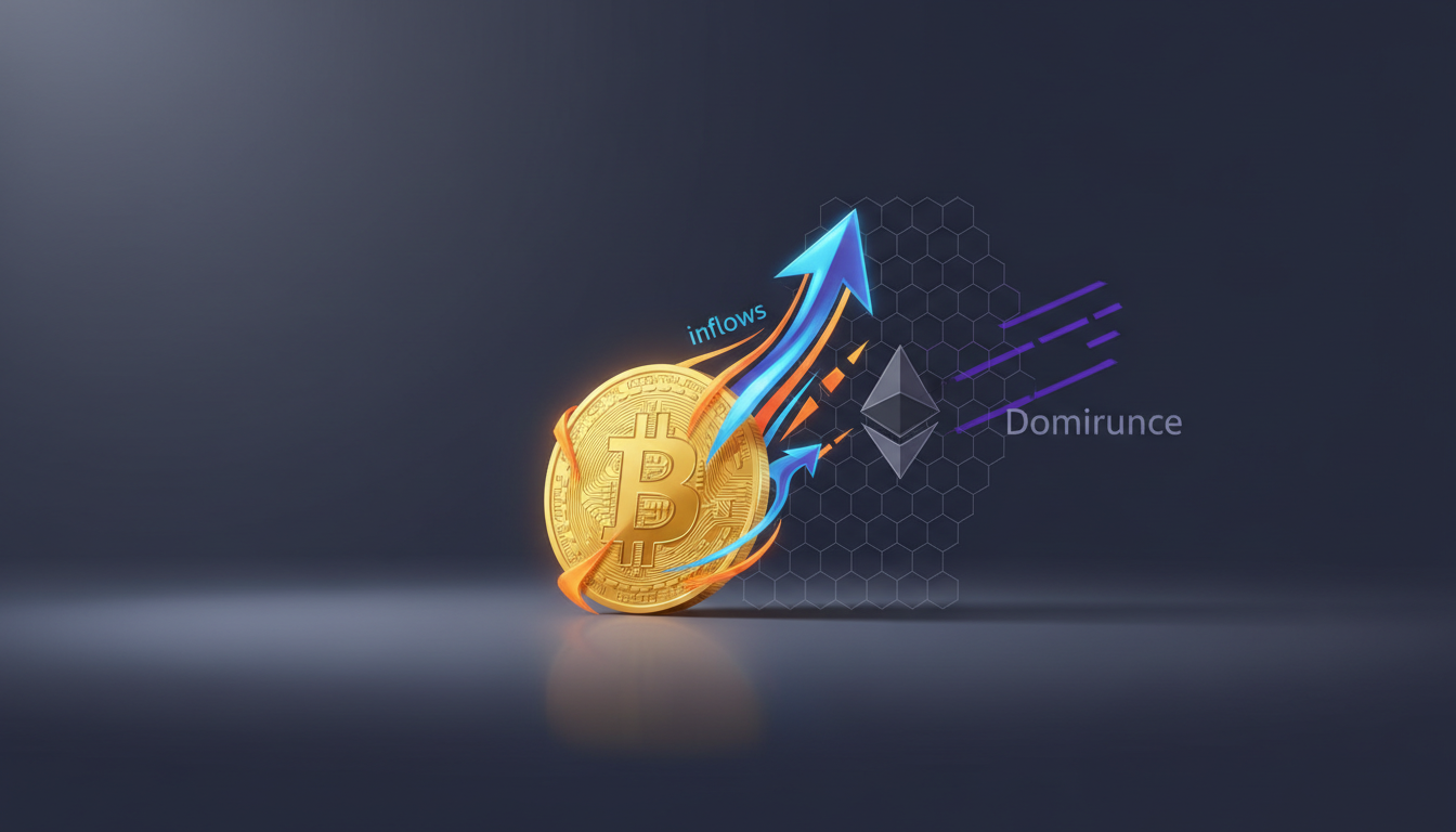 Hero: A digital illustration of Bitcoin ETF flow charts fluctuating alongside a surging Hyperliquid HYPE token overtaking Dogecoin in market rankings, set against blockchain network visuals
