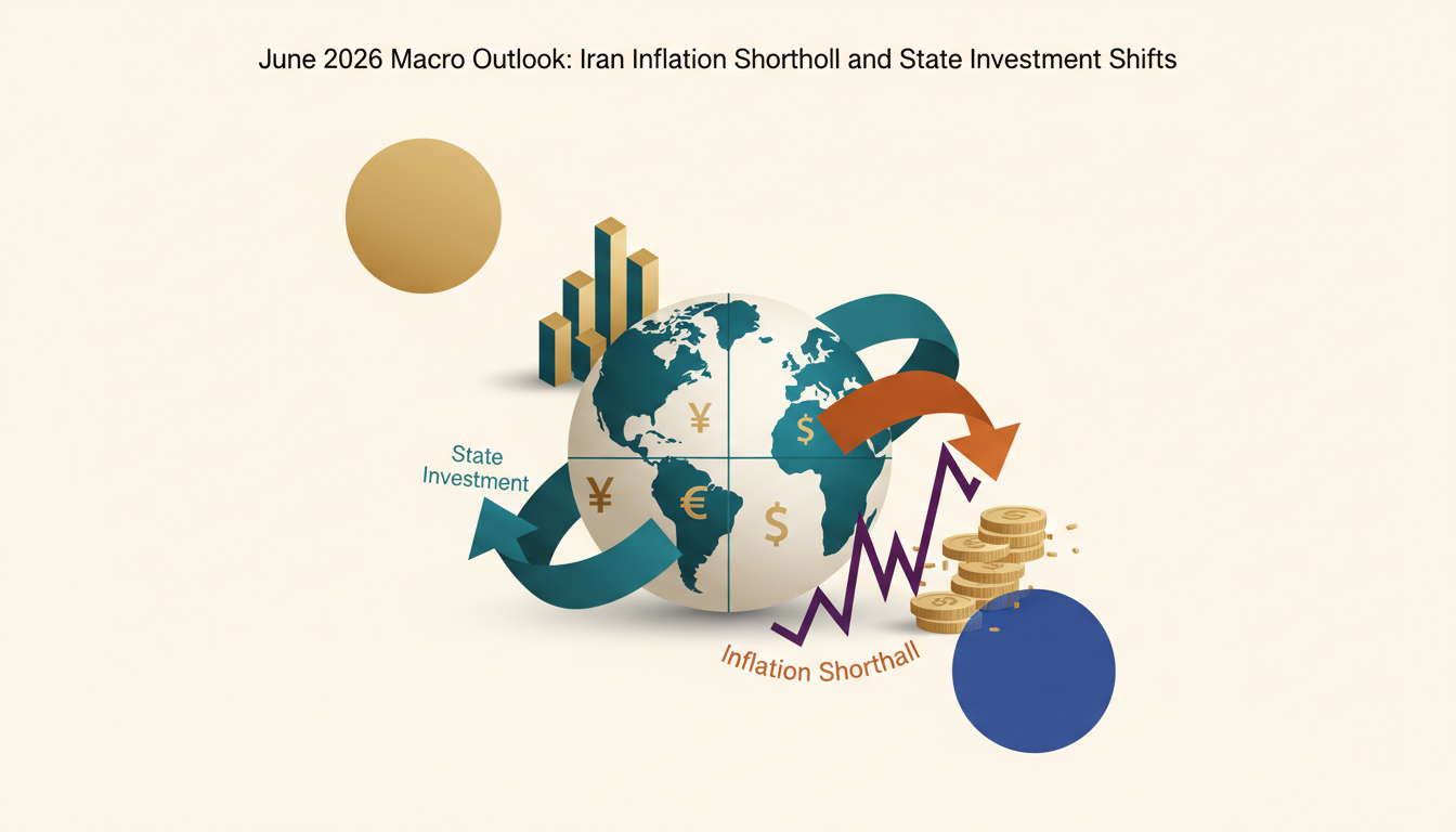 Hero: A detailed illustration of global financial markets with oil price charts and GDP growth indicators overlaid on a stylized map of the Middle East, highlighting June 2026 data trends