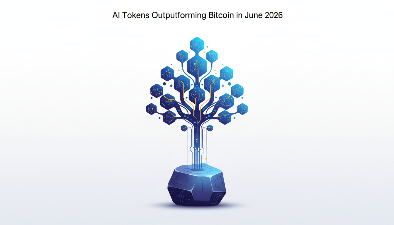 Hero: Dynamic visualization of cryptocurrency charts in June 2026 showing AI tokens like NEAR rising while Bitcoin drops below $70K amid market correction
