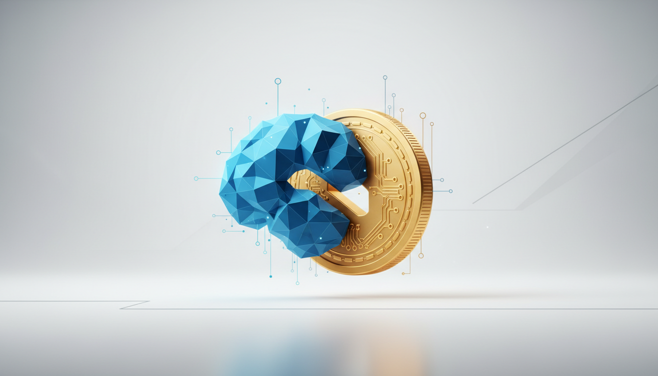 Hero: Digital illustration of AI neural networks overlaying cryptocurrency price charts with Render token icons and Bitcoin symbols fading in the background, showing data flows and institutional buildings in a 2026 financial district setting