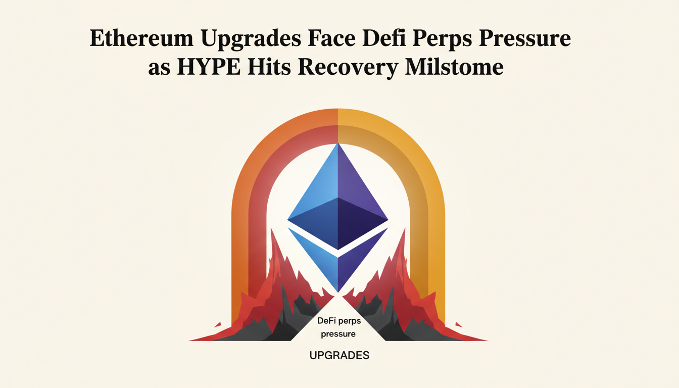 Hero: A stylized digital illustration of the Ethereum blockchain network with glowing upgrade nodes, overlaid on red-tinted futures trading charts showing price dips near $1545, and a green upward arrow for HYPE token recovery at $50