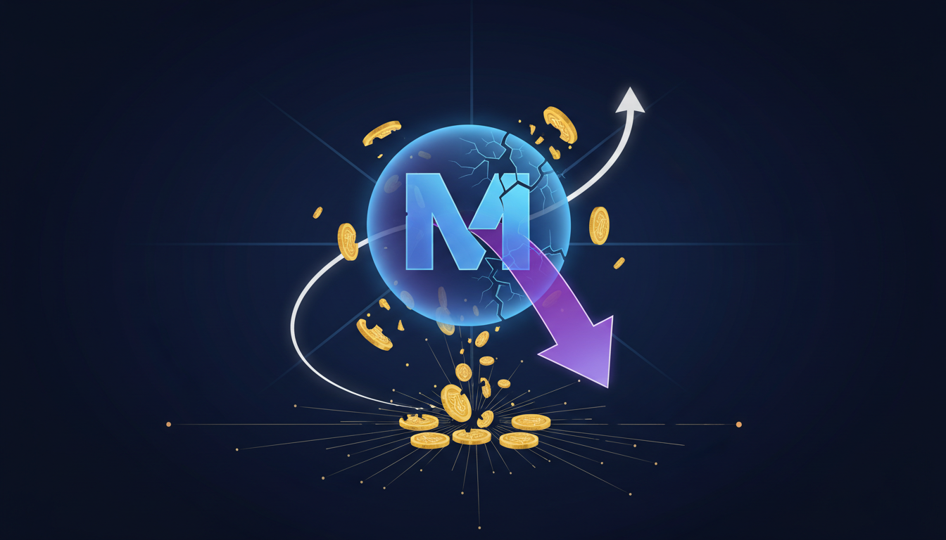 Hero: A dramatic financial market scene showing Meta's stock chart plummeting alongside visual representations of AI data centers and blockchain token unlock graphics, with crypto VC funding charts in the background