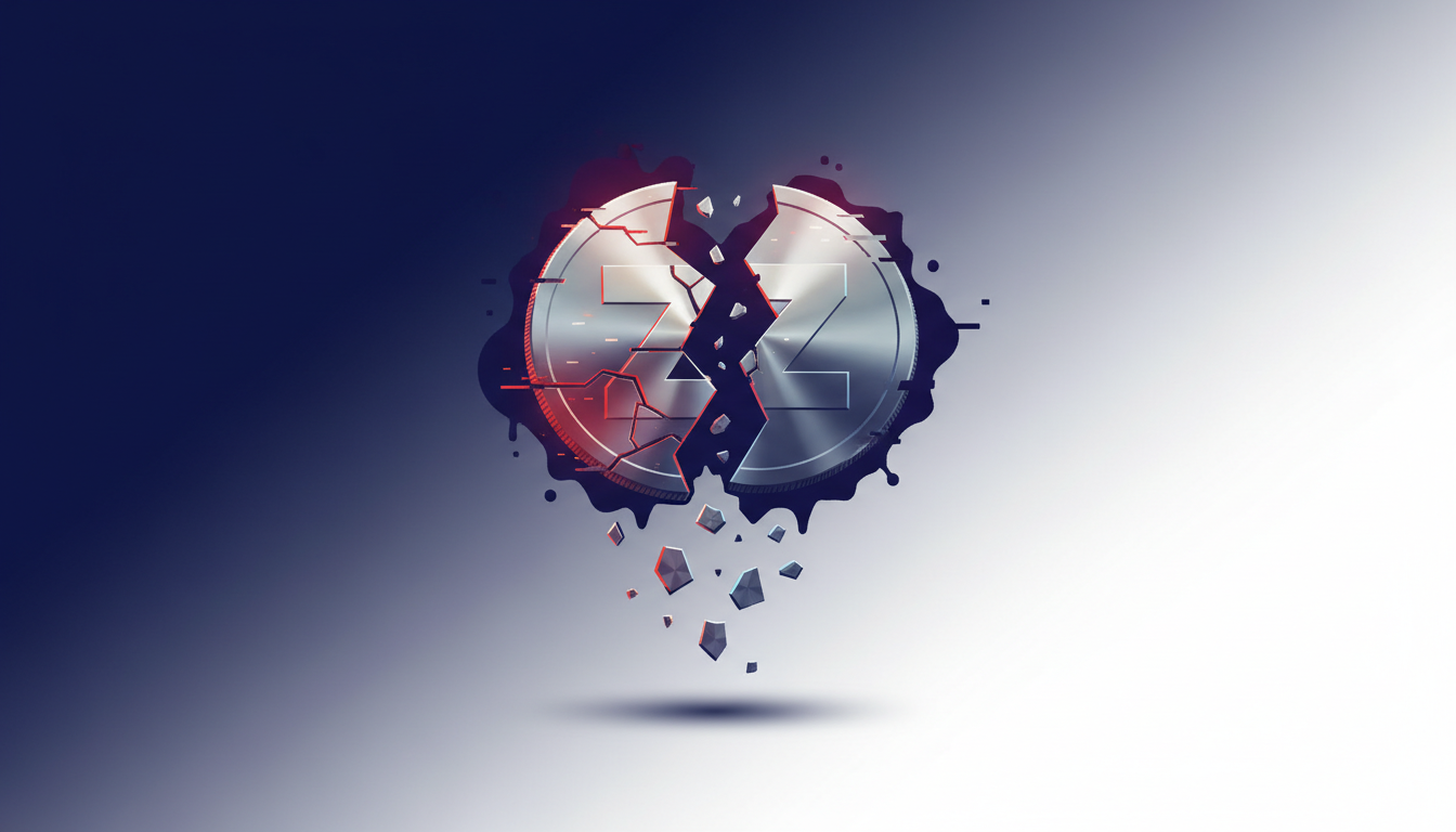 Hero: A dramatic digital illustration showing a steep cryptocurrency price chart crash overlaid on a glowing blockchain network with highlighted shielded pool sections and subtle AI scanning elements