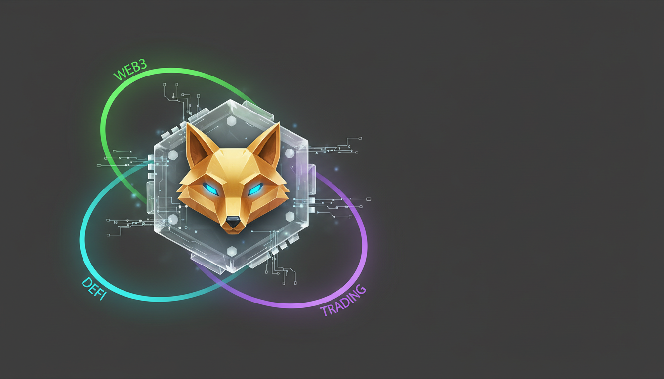 Hero: A futuristic AI agent interacting with a secure blockchain wallet interface connected across multiple EVM chains, showing trading flows and DeFi protocols