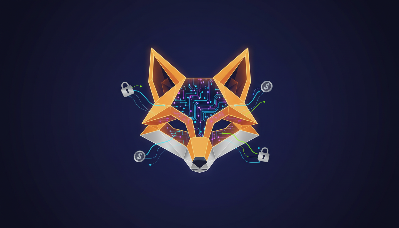 Hero: Futuristic digital illustration of an AI agent avatar seamlessly connecting to a MetaMask wallet interface overlaid on Ethereum blockchain elements, with secure transaction flows represented as glowing data streams
