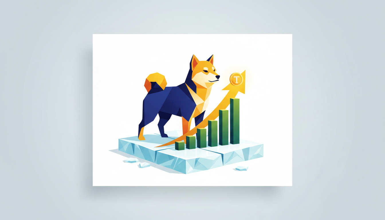 Hero: A dynamic digital illustration of Shiba Inu futures charts exploding upward in vibrant orange and red tones, set against a muted, frozen blue crypto market backdrop, with golden Trump coin symbols climbing on the right side amid abstract trading volume bars