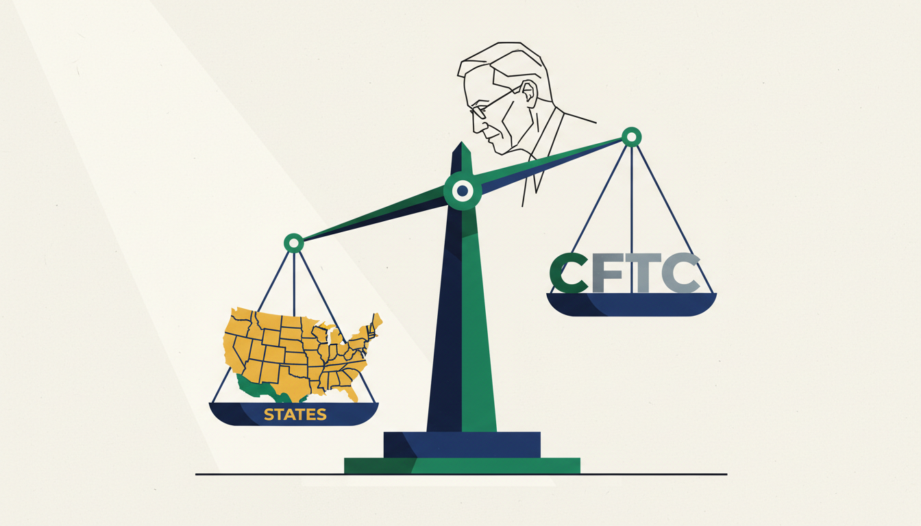 Hero: A stylized courtroom scene where a former regulator faces off against a federal agency, with sports betting tickets and crypto tokens scattered on the table under dramatic lighting