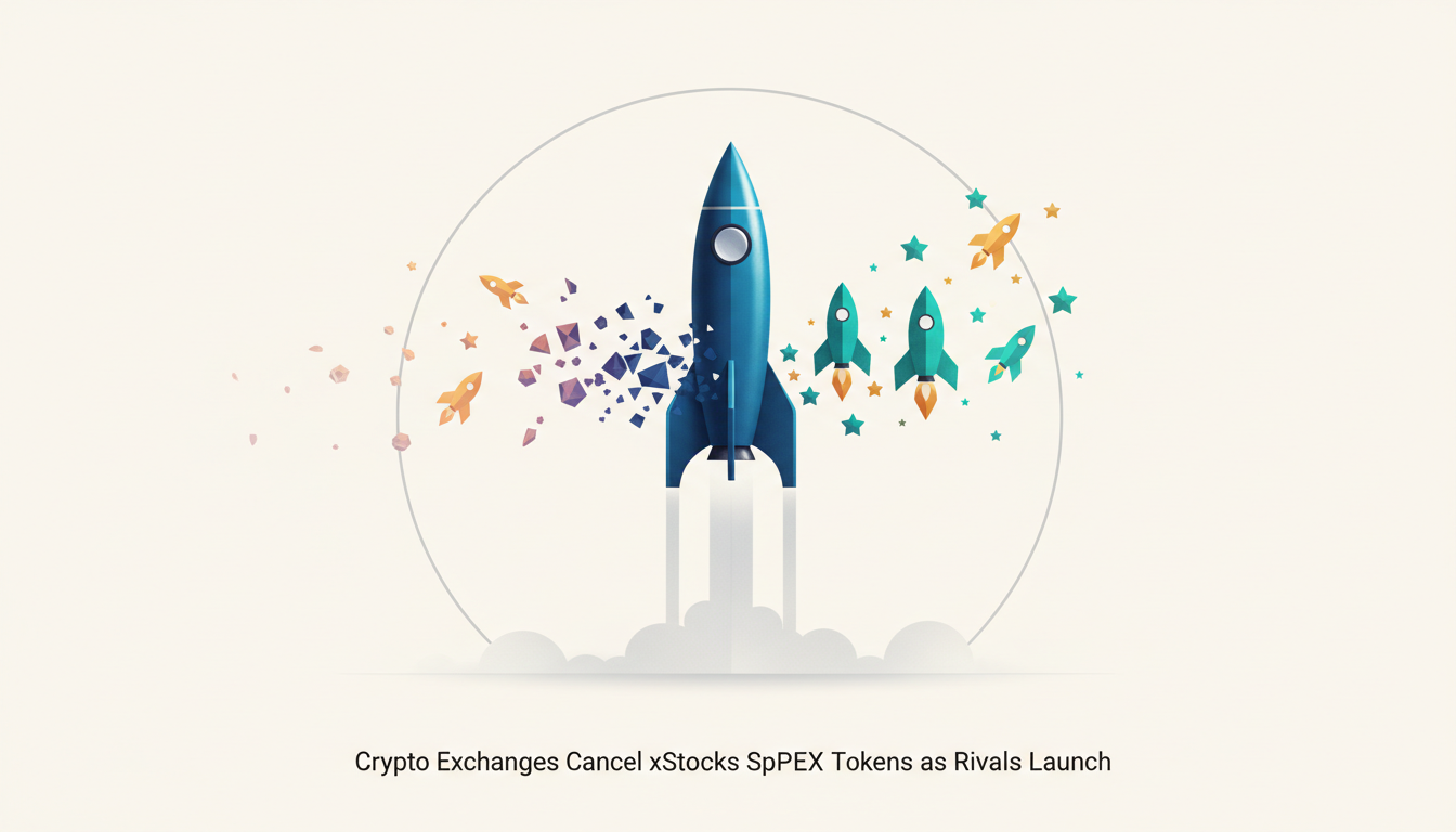 Hero: Digital illustration of crypto exchange platforms with SpaceX token icons being crossed out, alongside blockchain networks and Ondo Finance elements on BNB Chain