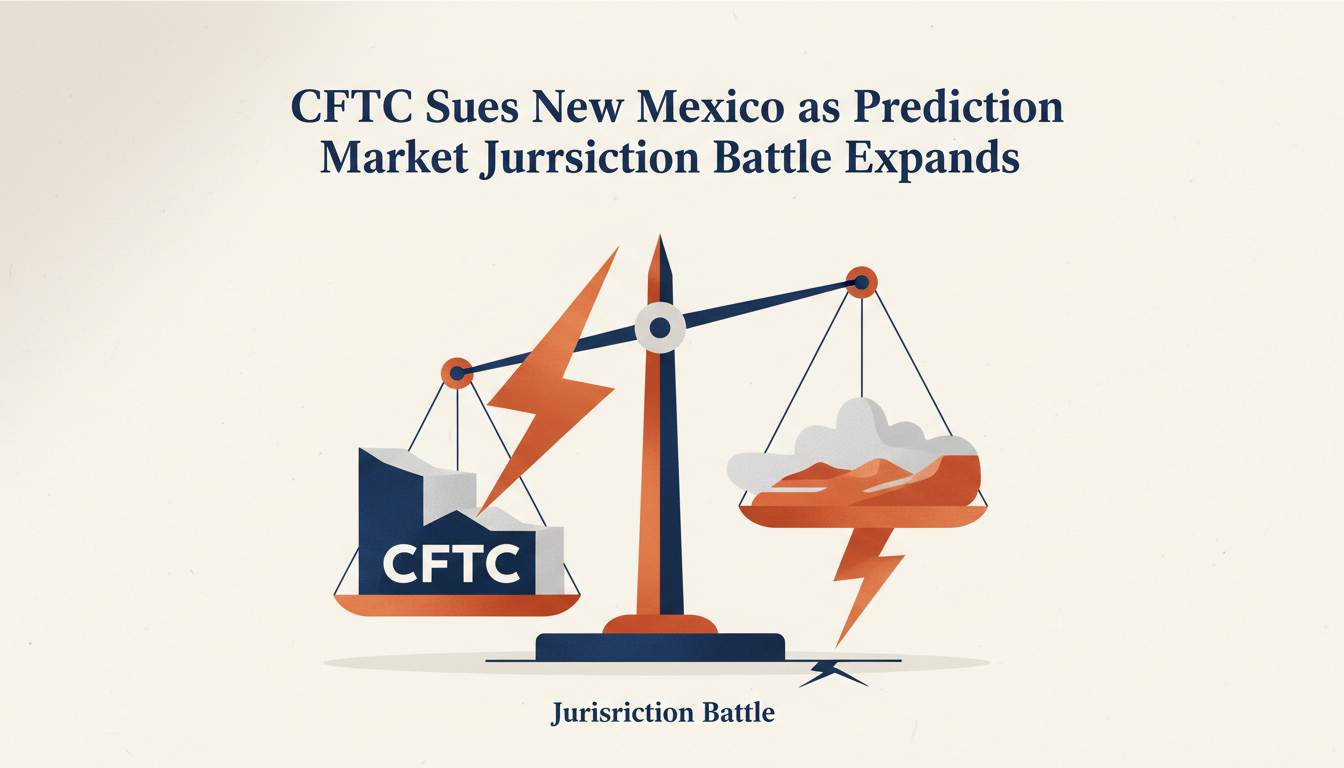Hero: Federal regulators in a courtroom facing state officials over digital prediction markets, with sports stadium imagery in the background symbolizing the 2026 World Cup context