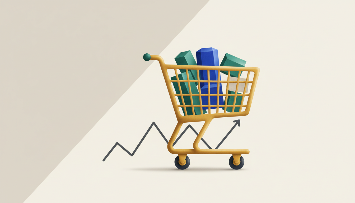 Hero: Bustling Costco warehouse interior filled with shoppers pushing carts, overlaid with subtle equity market charts and upward sales trend lines for June 2026