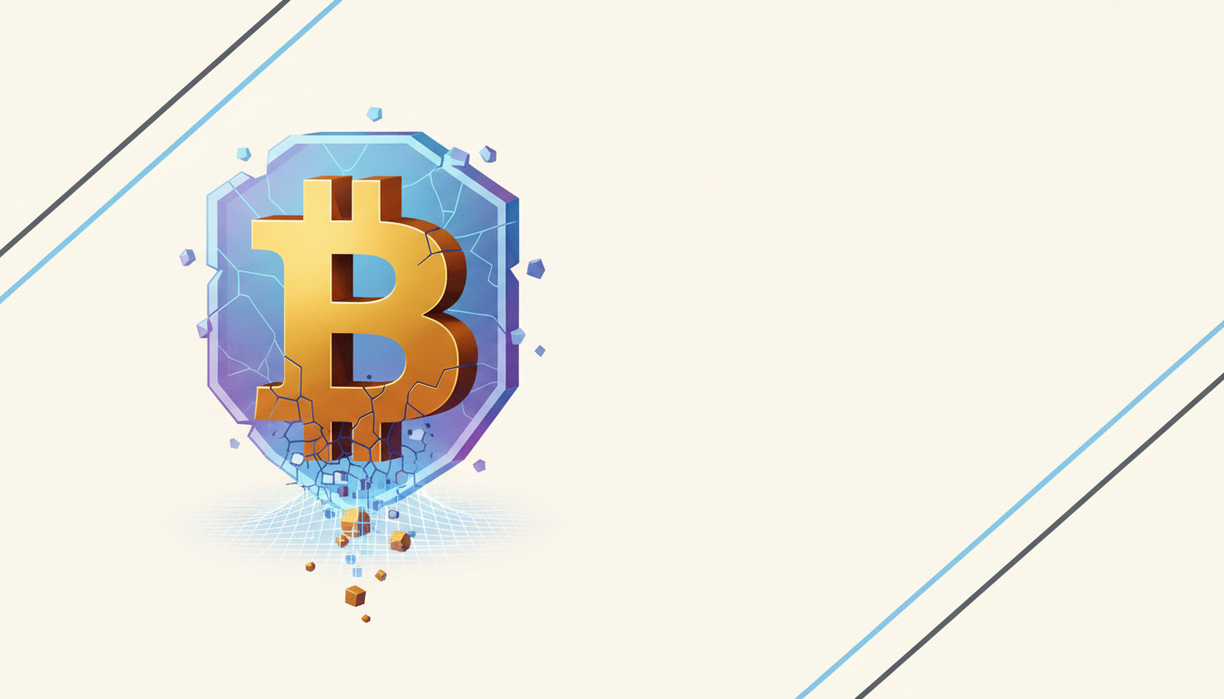 Hero: Digital split scene showing a shielded Zcash network protected by AI audit symbols on the left and exposed Bitcoin addresses under quantum wave threats on the right with blockchain elements