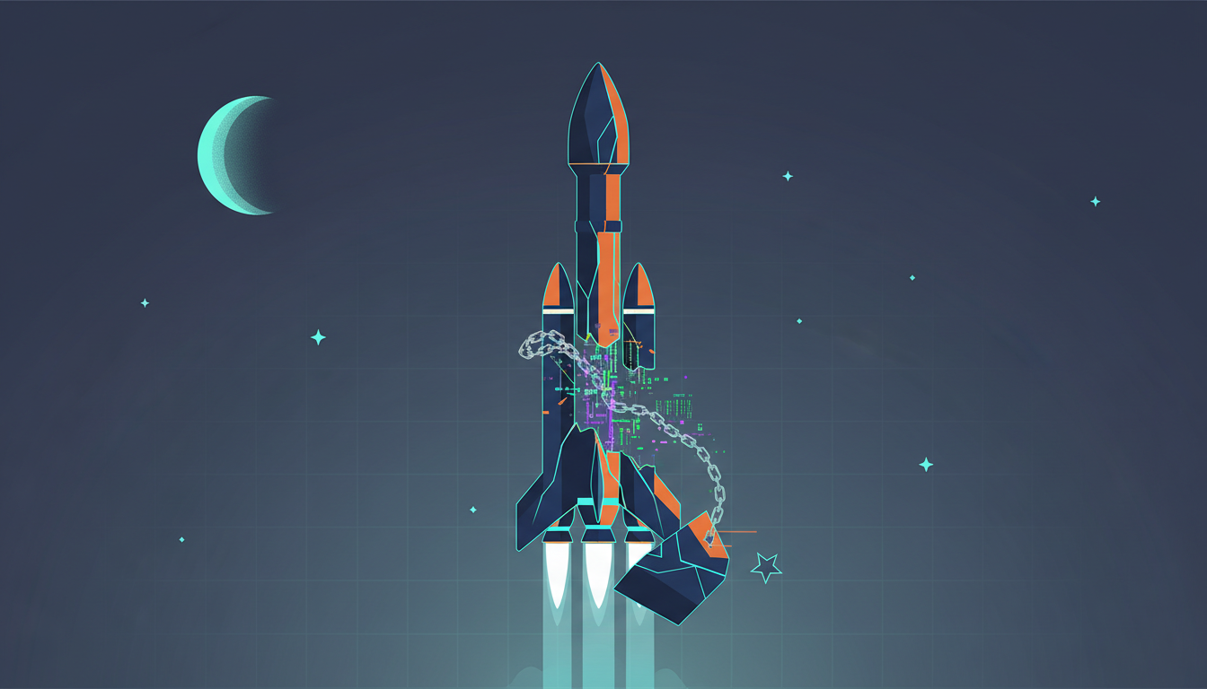 Hero: A fragmented digital marketplace showing tokenized stock icons breaking apart from real share certificates, with blockchain networks and crypto exchange logos like Bybit and Binance in the background during a SpaceX event