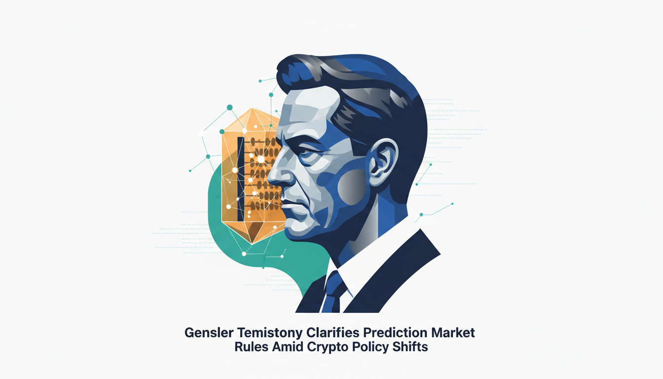 Hero: Former regulator Gary Gensler testifying in a federal appeals court setting, with digital overlays of prediction market contracts, state regulatory seals, and crypto icons floating in a modern courtroom environment