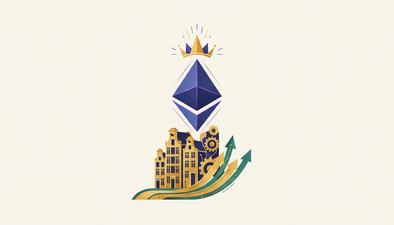 Hero: A futuristic digital rendering of Ethereum blockchain nodes undergoing final testing phases in a glowing lab environment, with data streams representing post-quantum security upgrades and upward trending charts for UNI token overlaid
