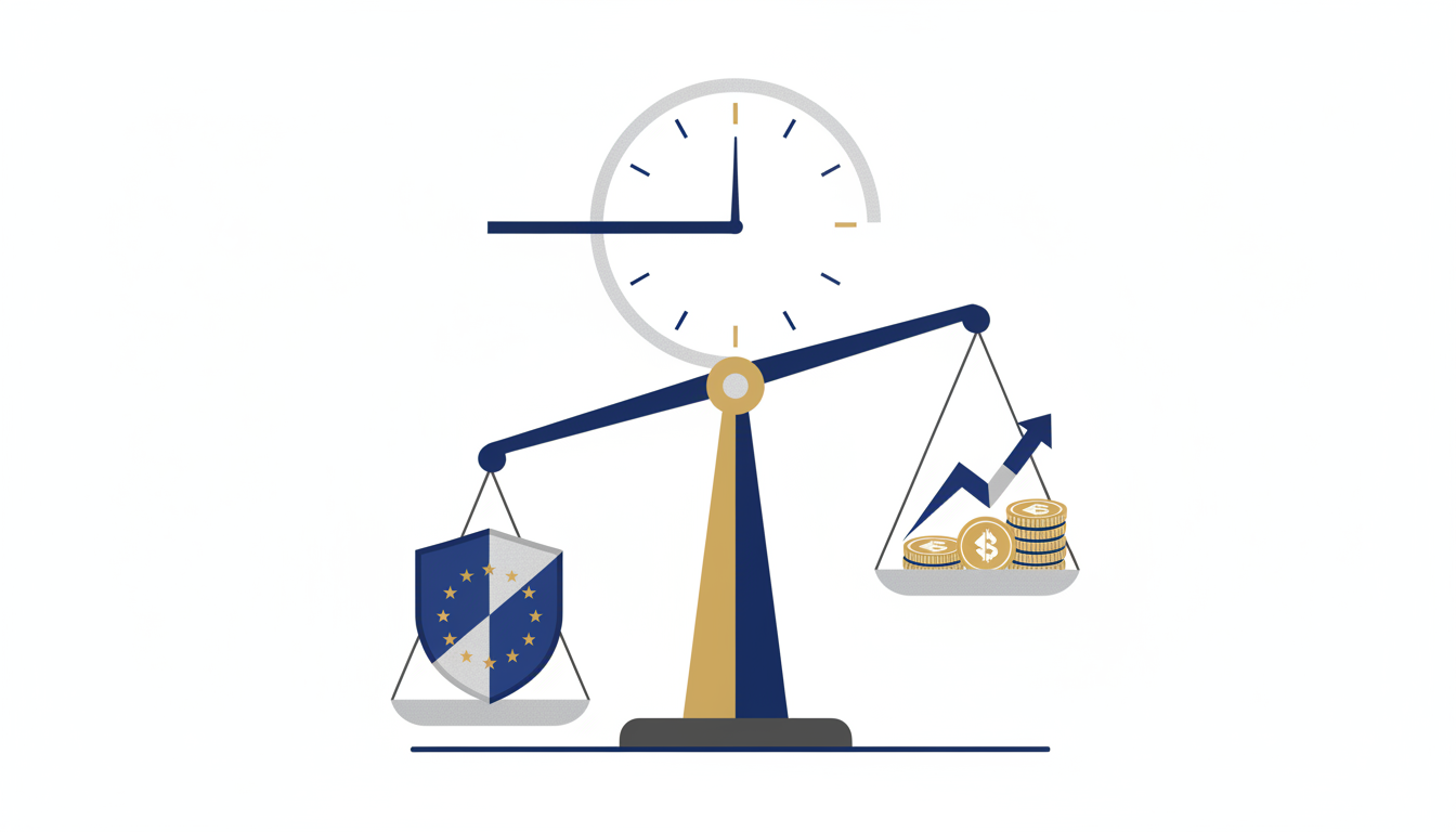Hero: A conceptual illustration of a regulatory checkpoint at the EU border with digital crypto symbols and exchange platforms approaching a compliance gate under a July 2026 deadline banner