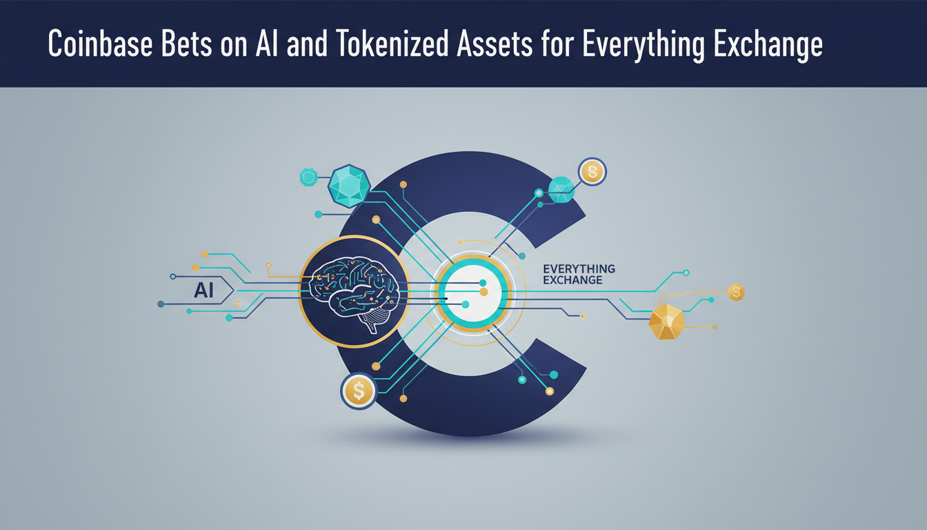 Hero: A futuristic digital exchange interface blending crypto tokens, AI advisor avatars, and tokenized stock charts on glowing screens in a modern trading hub