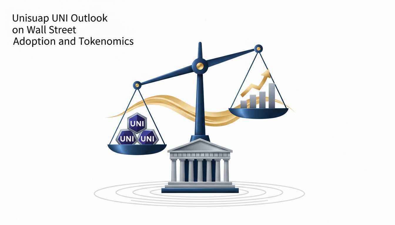 Hero: A modern financial district skyline blending with glowing blockchain network nodes and floating UNI token icons under a rising market graph