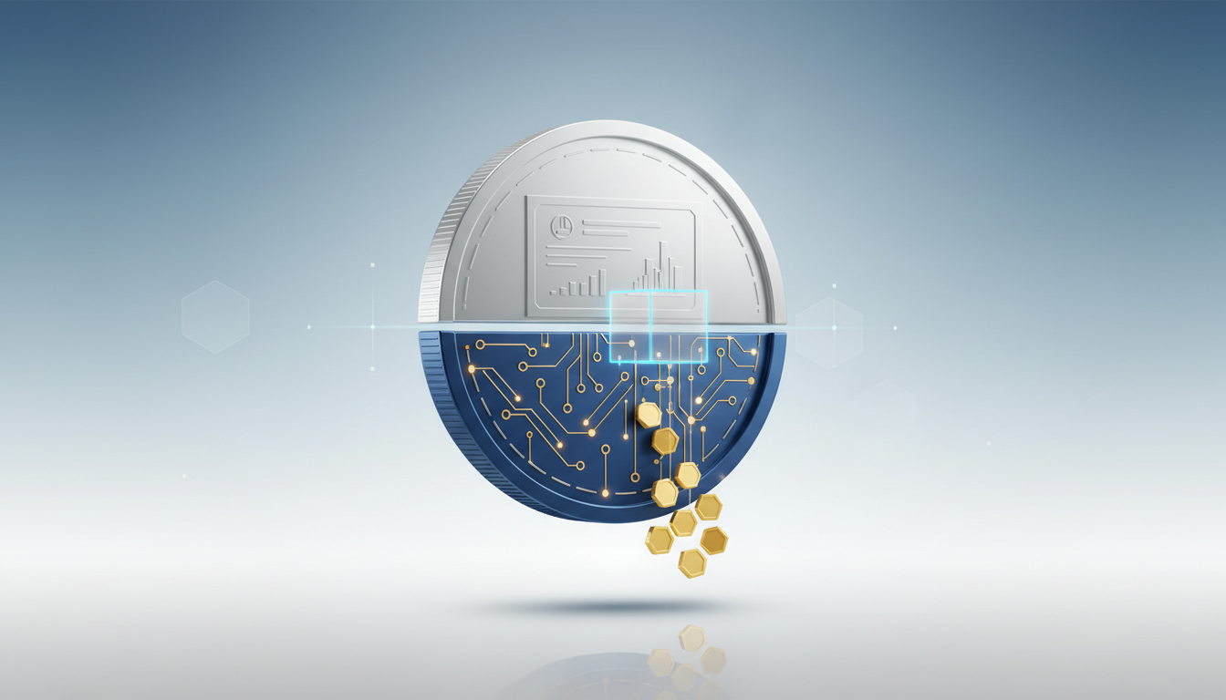Hero: A digital interface displaying tokenized stock certificates on a blockchain ledger with Solana network nodes and automated dividend flows visualized in clean lines