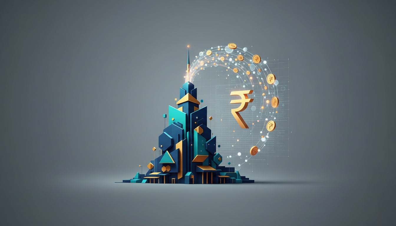 Hero: Traditional Indian stock exchange building integrated with glowing blockchain networks and tokenized equity flows in a modern financial hub