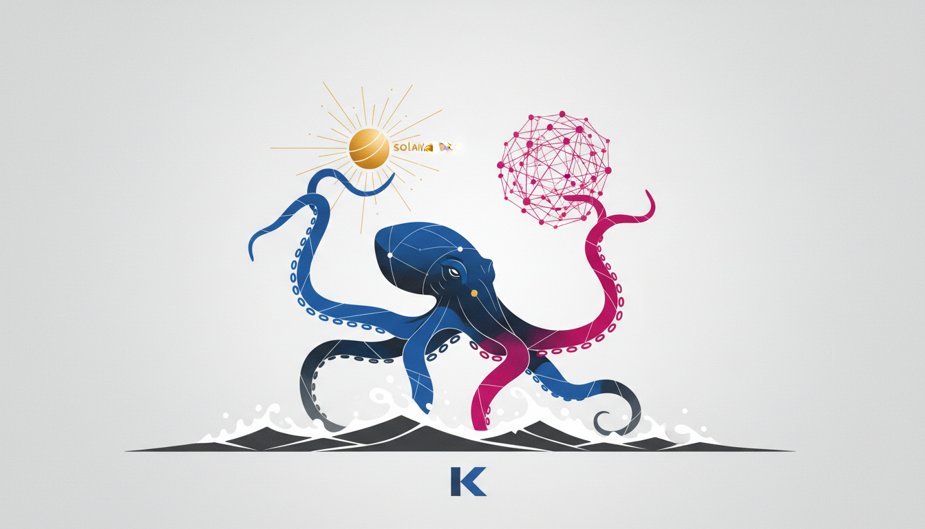 Hero: A split-screen digital illustration showing a trader's mobile phone with one half displaying the Kraken app interface filled with colorful Solana token charts and on-chain transaction flows, while the other half shows the Coinbase platform with glowing AI advisor icons, stock options panels, and tokenized asset visualizations against a backdrop of rising market graphs in a modern city cafe setting