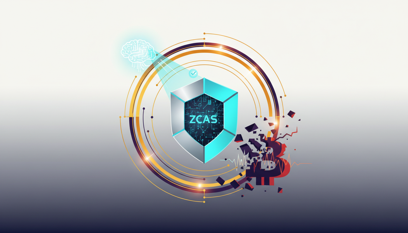 Hero: A digital scene showing an AI neural network scanning Zcash blockchain code lines, with faint glowing quantum threat icons approaching a separate Bitcoin network in the distance