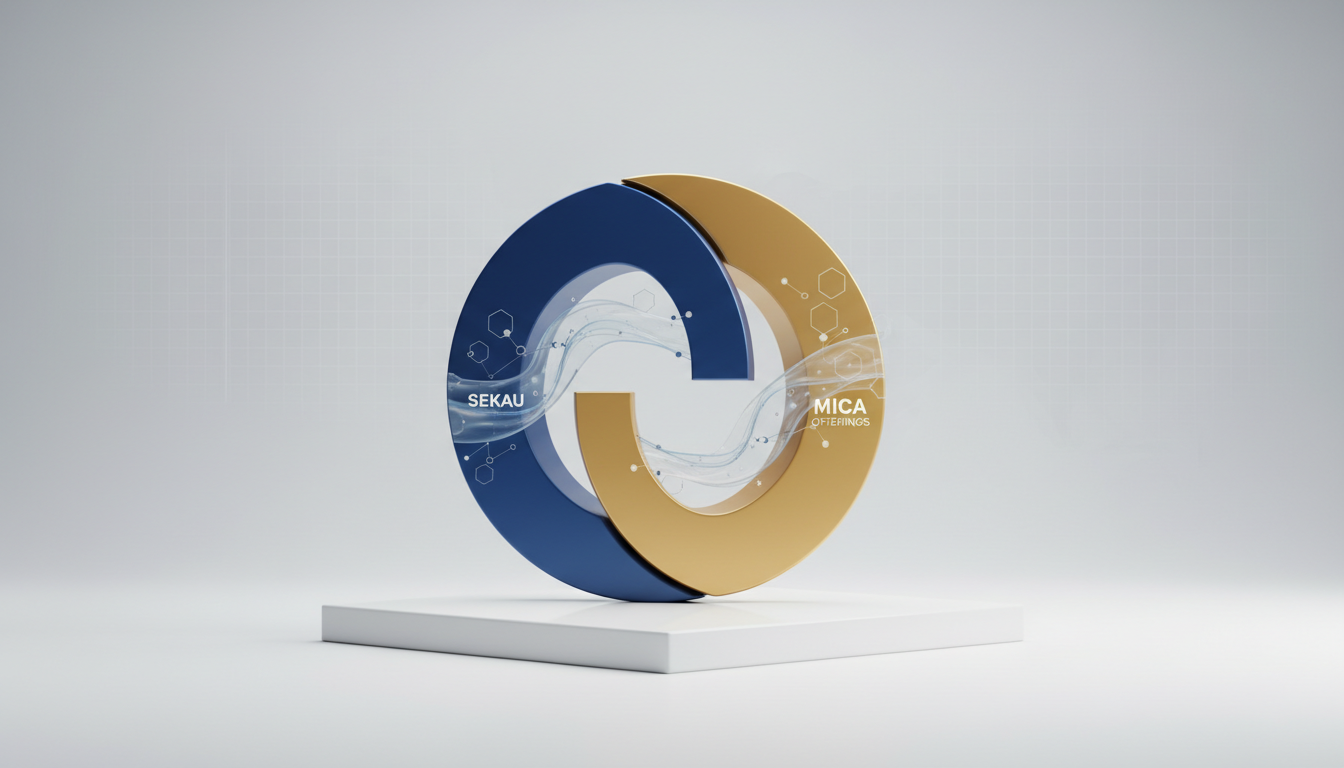 Hero: A conceptual illustration of a Swedish krona stablecoin token on a digital blockchain ledger with EU regulatory icons and currency symbols flowing across a European map
