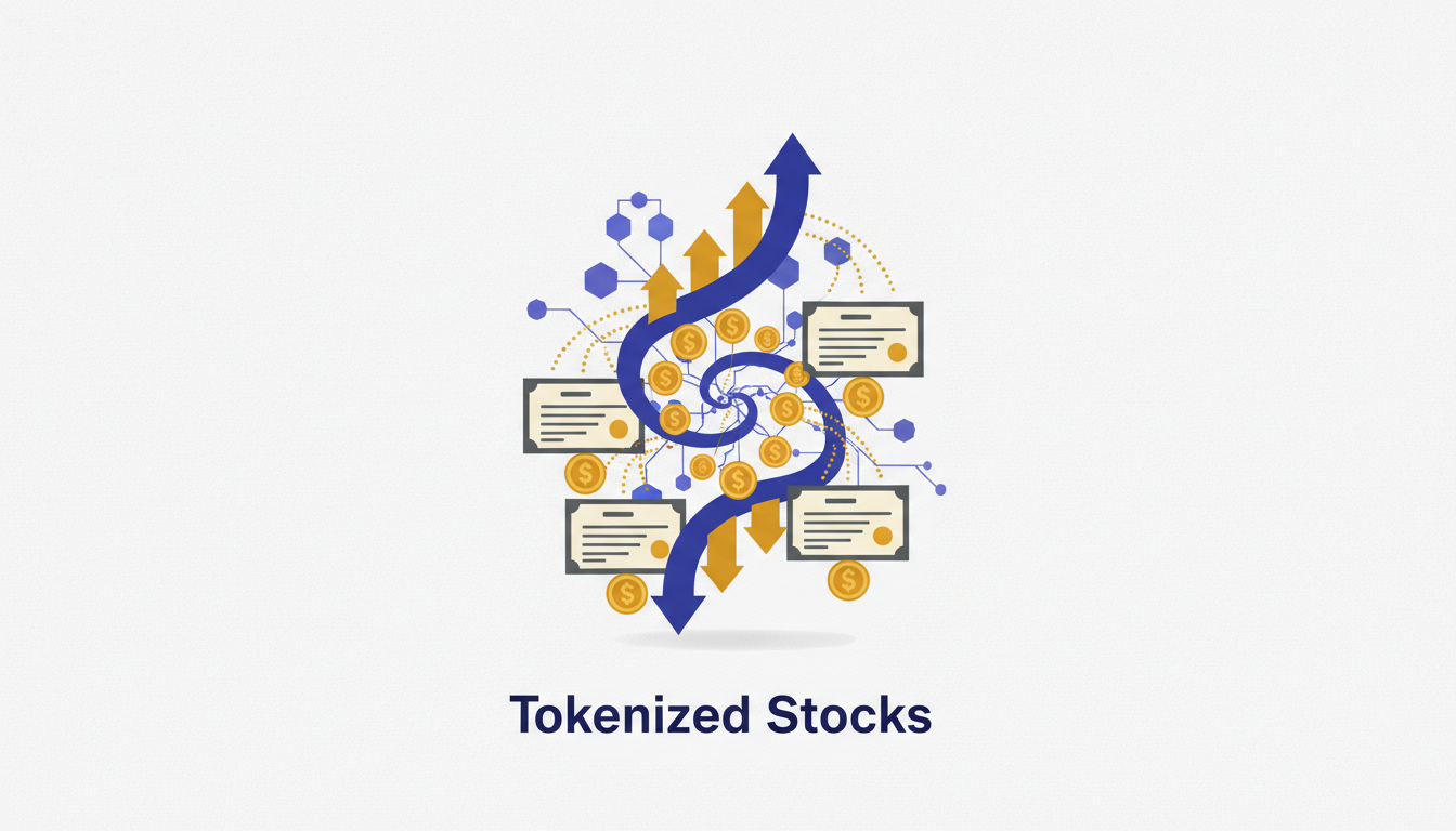 Hero: Digital illustration of tokenized stock certificates as glowing coins on a blockchain network, with dividend payment arrows flowing directly to user wallets