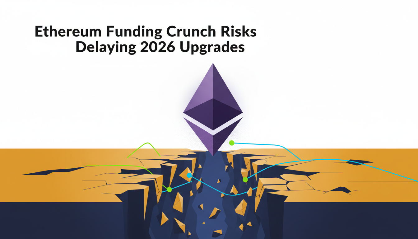 Hero: Conceptual illustration showing Ethereum blockchain nodes under financial strain with a fading roadmap timeline toward 2026 upgrades