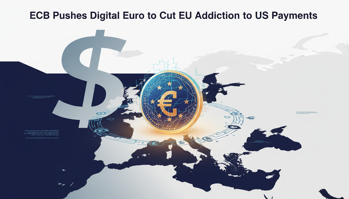 Hero: Digital visualization of the euro symbol bridging European financial networks while bypassing US card rails, with data flows highlighting reduced Visa and Mastercard dependence