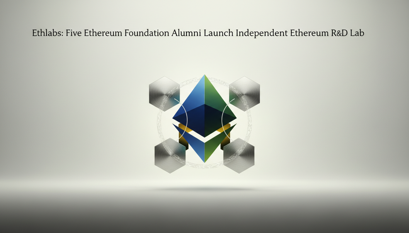 Hero: A group of five researchers in a sleek modern lab discussing Ethereum protocol diagrams on large screens, with blockchain network visualizations and funding logos subtly in the background