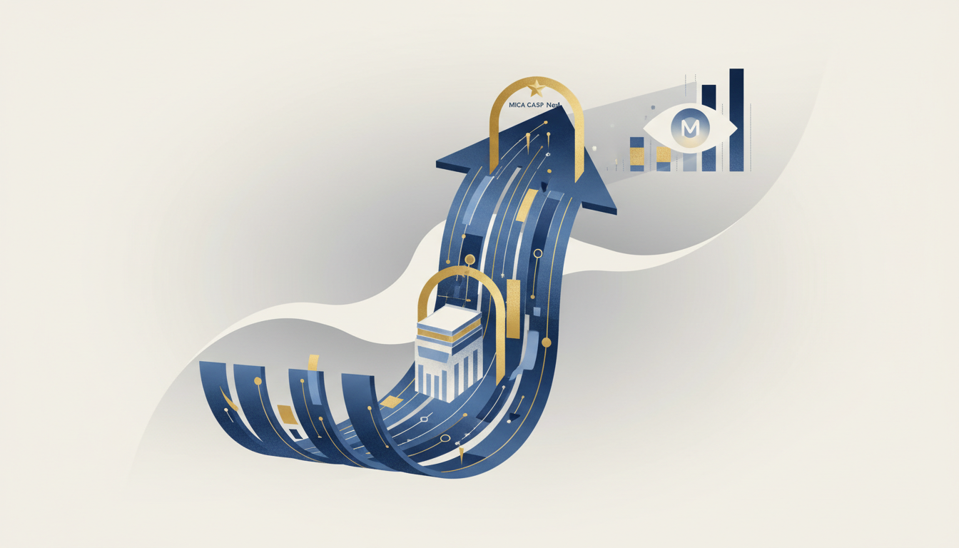 Hero: Split visual of Luxembourg regulatory buildings fused with digital blockchain networks and overlaid prediction market probability charts