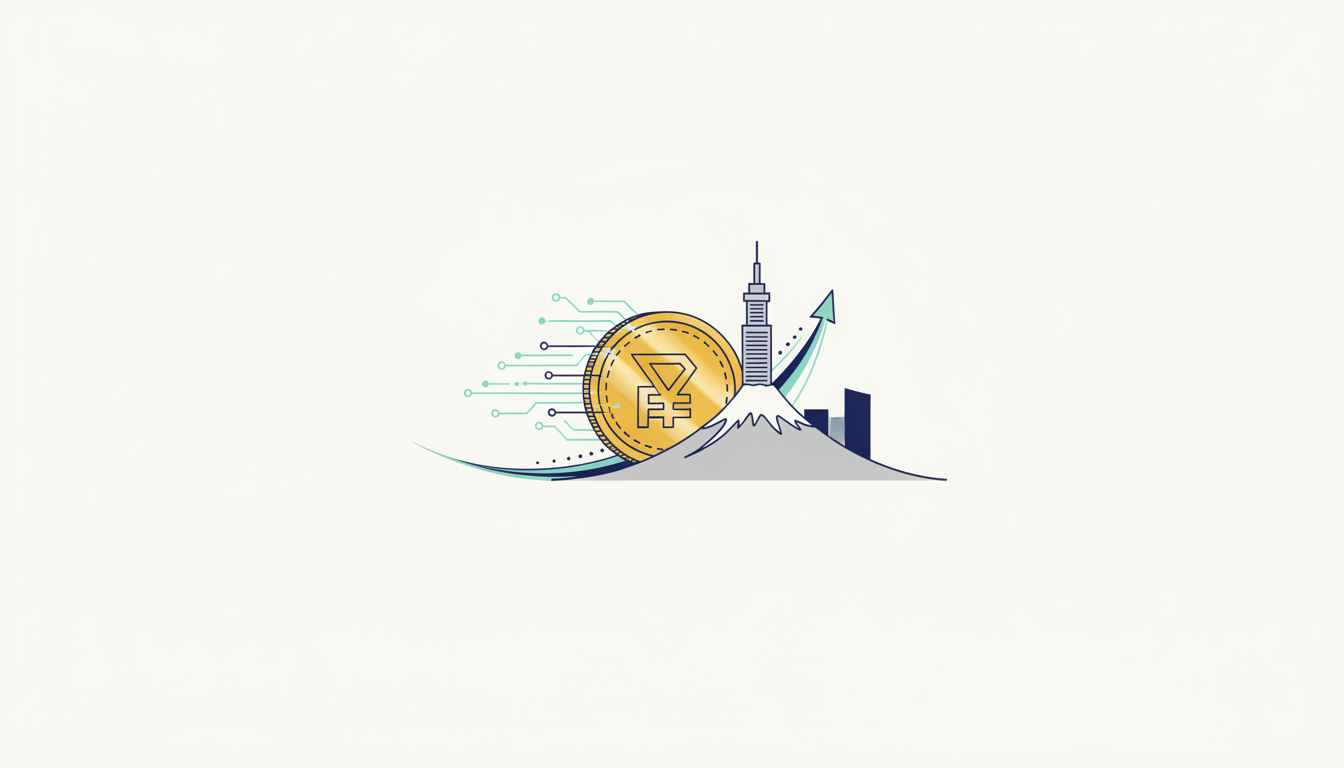 Hero: A digital illustration of a Japanese cityscape at dusk with glowing blockchain nodes and stablecoin symbols flowing into regulated financial hubs