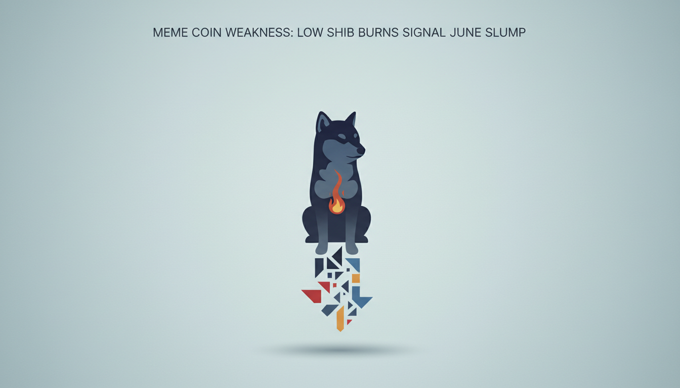 Hero: A digital illustration of a downward trending burn rate chart for Shiba Inu token with subdued Dogecoin price lines overlaid on a June 2026 calendar background, rendered in a clean crypto analytics style