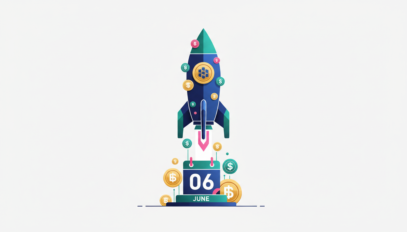 Hero: A vibrant digital marketplace filled with glowing token icons, blockchain networks, and futuristic AI and DeFi interfaces under a June skyline